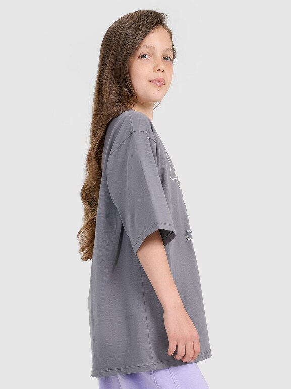 Dziewczęcy t-shirt oversize z nadrukiem 4F 4FJRAW25TTSHF3197 - szary