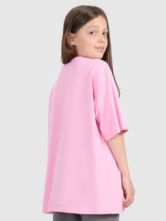 Dziewczęcy t-shirt oversize z nadrukiem 4F 4FJRAW25TTSHF3197 - różowy