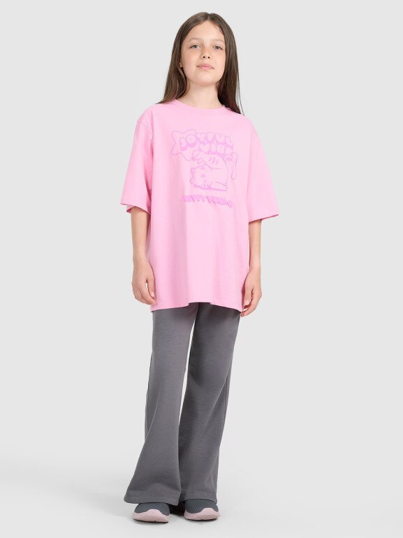 Dziewczęcy t-shirt oversize z nadrukiem 4F 4FJRAW25TTSHF3197 - różowy