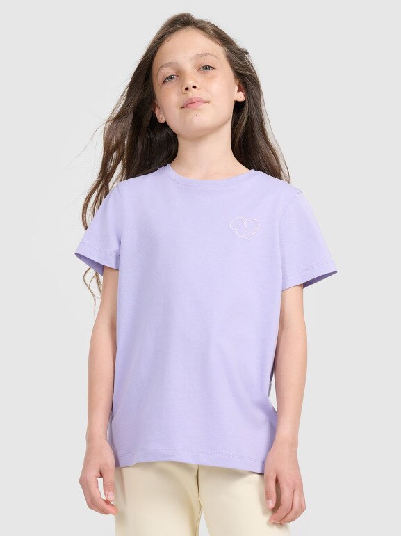 Dziewczęcy t-shirt z nadrukiem 4F 4FJRAW25TTSHF3199 - fioletowy