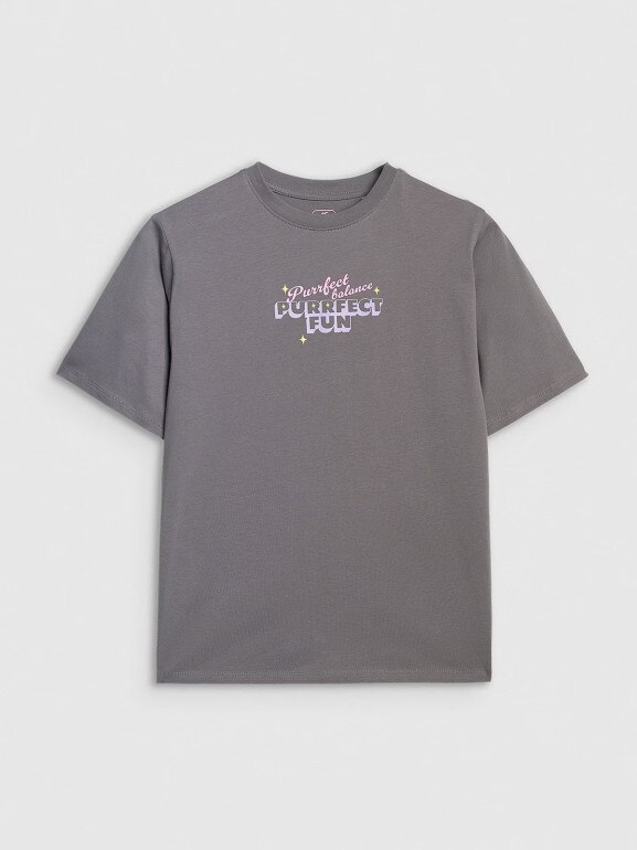 Dziewczęcy t-shirt oversize z nadrukiem 4F 4FJRAW25TTSHF3200 - szary