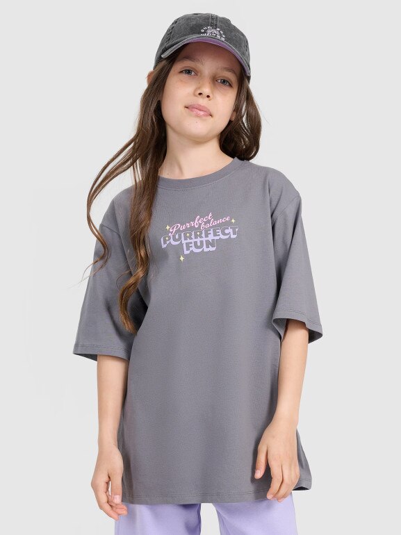 Dziewczęcy t-shirt oversize z nadrukiem 4F 4FJRAW25TTSHF3200 - szary