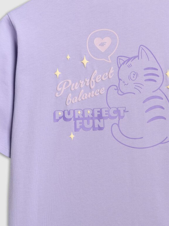 Dziewczęcy t-shirt oversize z nadrukiem 4F 4FJRAW25TTSHF3200 - fioletowy