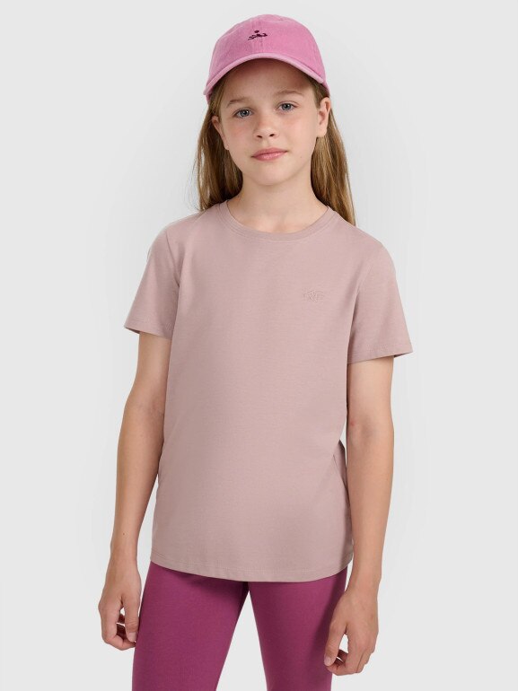 Dziewczęcy t-shirt bez nadruku 4F 4FJRAW25TTSHF3233 - beżowy