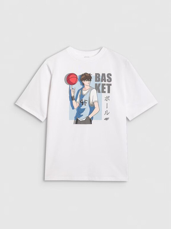Chłopięcy t-shirt oversize z nadrukiem 4F 4FJRAW25TTSHM3062 - biały