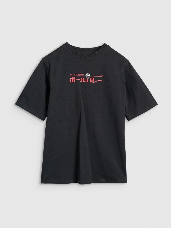 Chłopięcy t-shirt oversize z nadrukiem 4F 4FJRAW25TTSHM3064 - czarny