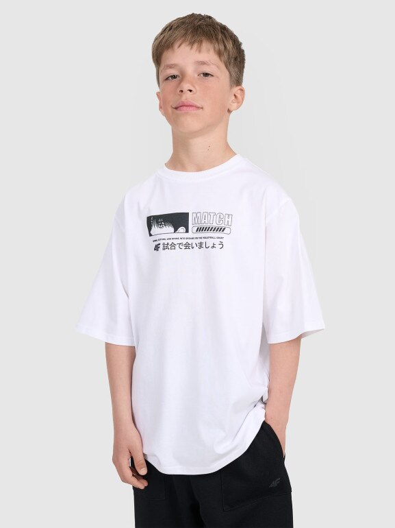 Chłopięcy t-shirt oversize z nadrukiem 4F 4FJRAW25TTSHM3065 - biały