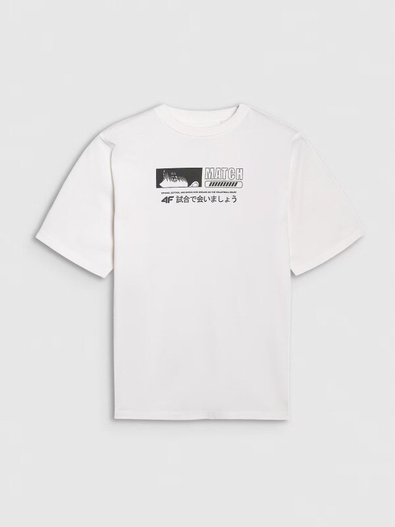 Chłopięcy t-shirt oversize z nadrukiem 4F 4FJRAW25TTSHM3065 - biały