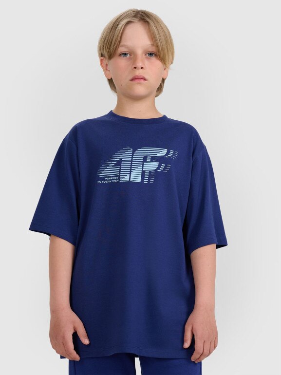 Chłopięcy t-shirt z nadrukiem 4F 4FJRAW25TTSHM3165 - granatowy