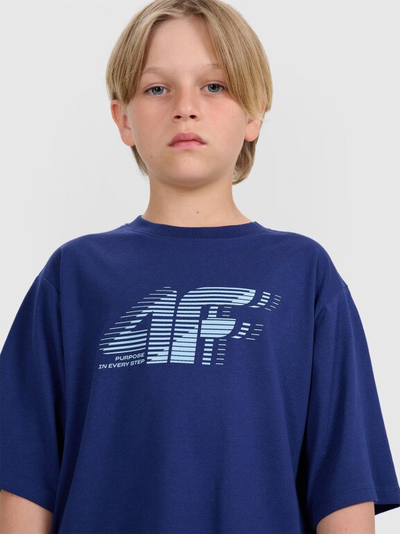 Chłopięcy t-shirt z nadrukiem 4F 4FJRAW25TTSHM3165 - granatowy