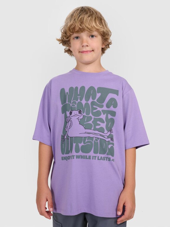 Chłopięcy t-shirt oversize z nadrukiem 4F 4FJRAW25TTSHM3207 - fioletowy
