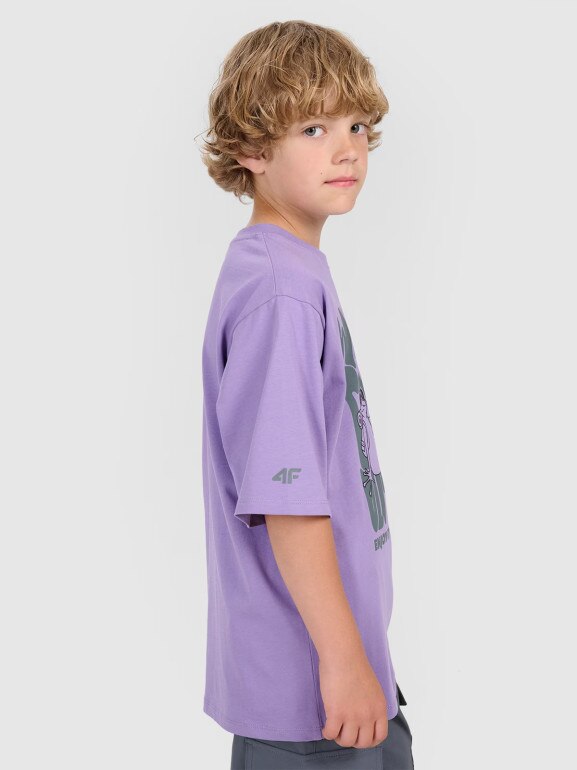 Chłopięcy t-shirt oversize z nadrukiem 4F 4FJRAW25TTSHM3207 - fioletowy