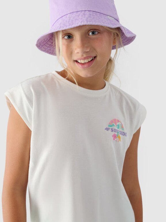 Dziewczęcy top z nadrukiem 4F 4FJRSS24TTSHF2052 - biały