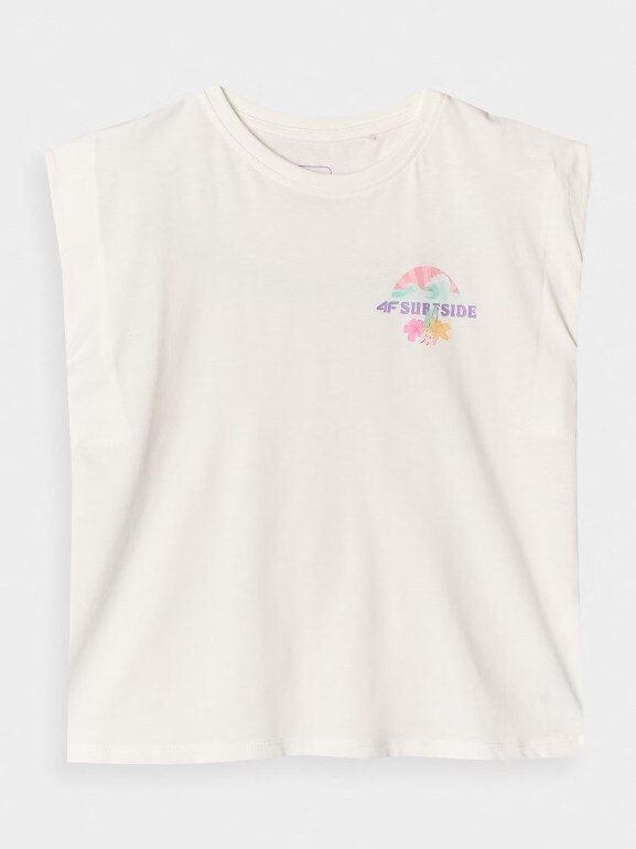 Dziewczęcy top z nadrukiem 4F 4FJRSS24TTSHF2052 - biały