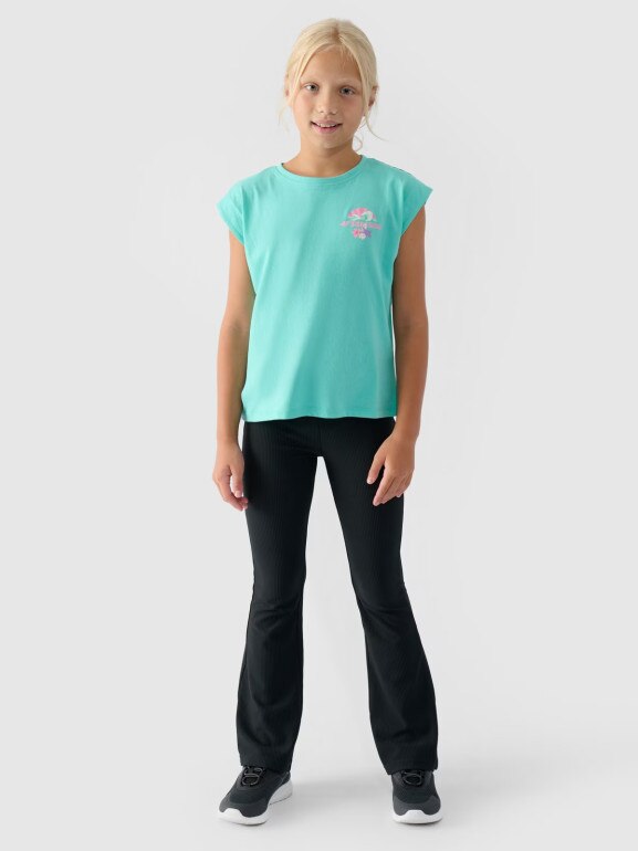 Dziewczęcy top z nadrukiem 4F 4FJRSS24TTSHF2052 - turkusowy