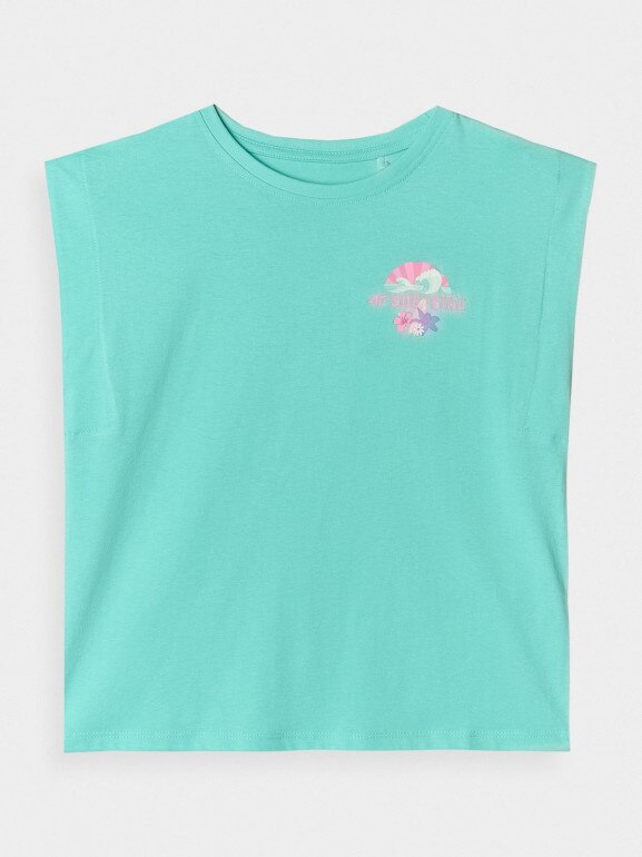 Dziewczęcy top z nadrukiem 4F 4FJRSS24TTSHF2052 - turkusowy