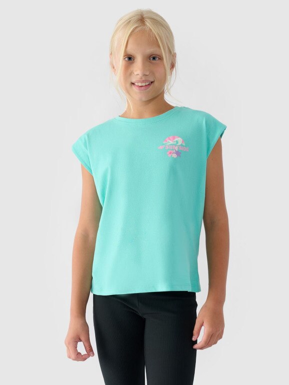 Dziewczęcy top z nadrukiem 4F 4FJRSS24TTSHF2052 - turkusowy