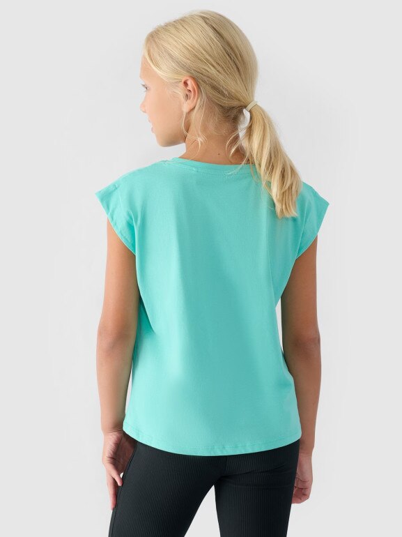 Dziewczęcy top z nadrukiem 4F 4FJRSS24TTSHF2052 - turkusowy