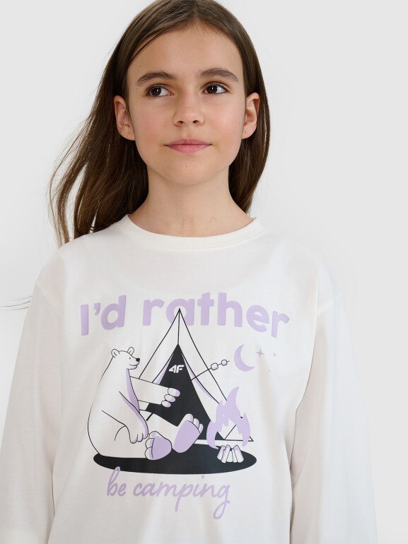 Dziewczęcy longsleeve z nadrukiem 4F 4FJRSS25TLONF542 - biały