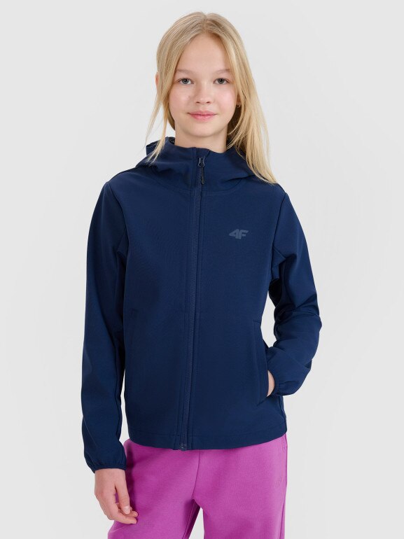 Dziewczęcy softshell rozpinany z kapturem 4F 4FJRSS25TSOFU443 - granatowy