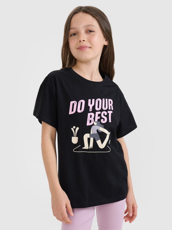 Dziewczęcy t-shirt z nadrukiem 4F 4FJRSS25TTSHF2644 - czarny