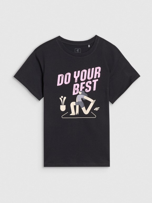 Dziewczęcy t-shirt z nadrukiem 4F 4FJRSS25TTSHF2644 - czarny