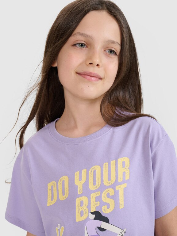 Dziewczęcy t-shirt z nadrukiem 4F 4FJRSS25TTSHF2644 - fioletowy
