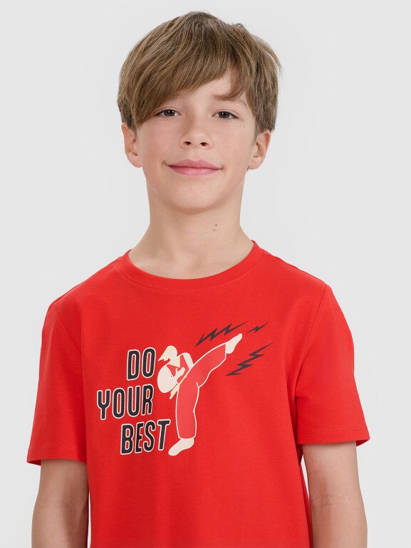 Chłopięcy t-shirt z nadrukiem 4F 4FJRSS25TTSHM2643 - czerwony