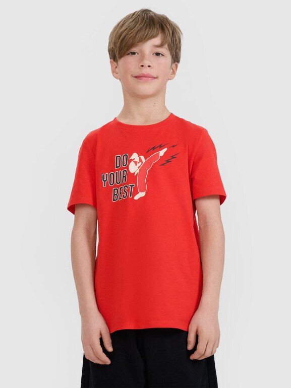 Chłopięcy t-shirt z nadrukiem 4F 4FJRSS25TTSHM2643 - czerwony
