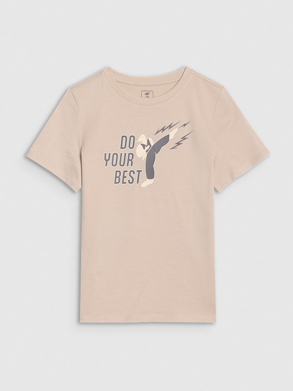 Chłopięcy t-shirt z nadrukiem 4F 4FJRSS25TTSHM2643 - beżowy