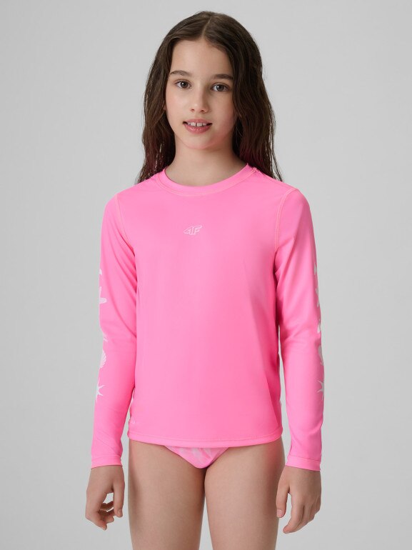 Dziewczęcy longsleeve do pływania UPF50+ 4F 4FJRSS26TFLOF697 - różowy