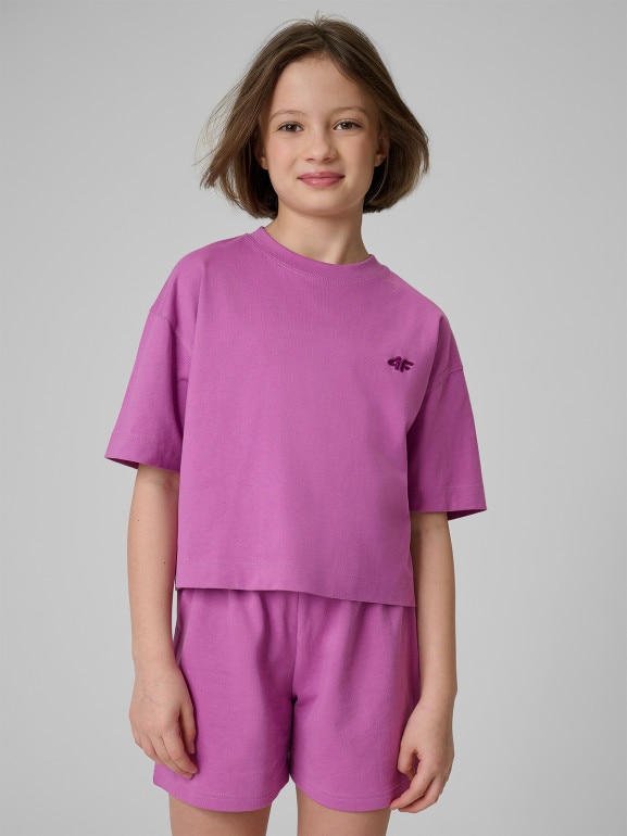 Dziewczęcy t-shirt bez nadruku 4F 4FJRSS26TTSHF3841 - fioletowy