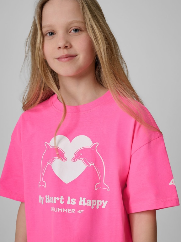 Dziewczęcy t-shirt z nadrukiem 4F 4FJRSS26TTSHF3908 - różowy