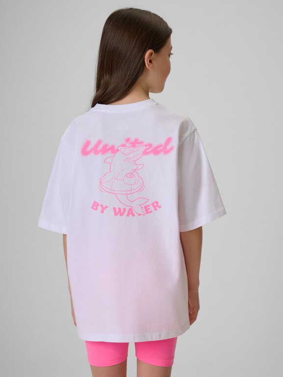 Dziewczęcy t-shirt z nadrukiem 4F 4FJRSS26TTSHF3910 - biały