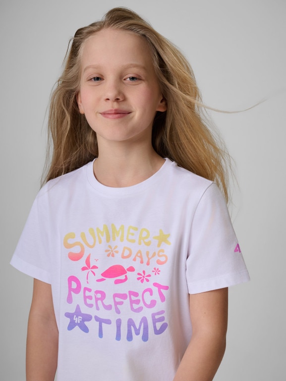 Dziewczęcy t-shirt z nadrukiem 4F 4FJRSS26TTSHF3913 - biały