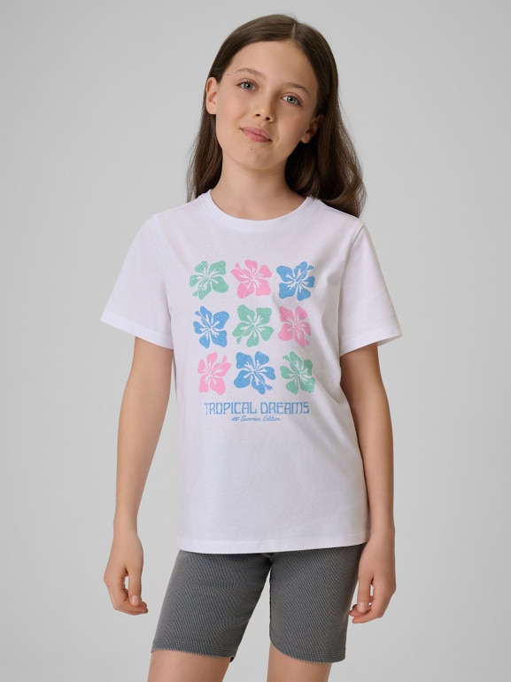 Dziewczęcy t-shirt z nadrukiem 4F 4FJRSS26TTSHF3982 - biały