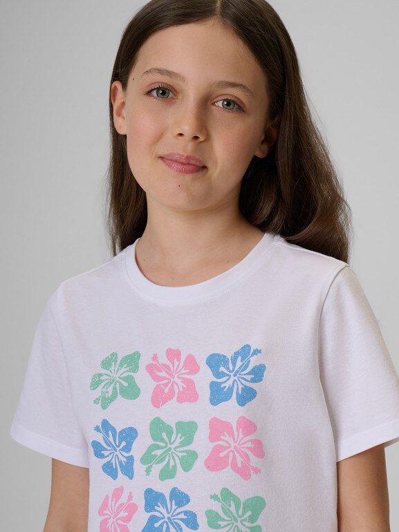 Dziewczęcy t-shirt z nadrukiem 4F 4FJRSS26TTSHF3982 - biały