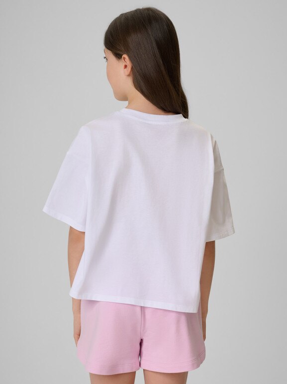 Dziewczęcy crop top z nadrukiem 4F 4FJRSS26TTSHF3983 - biały