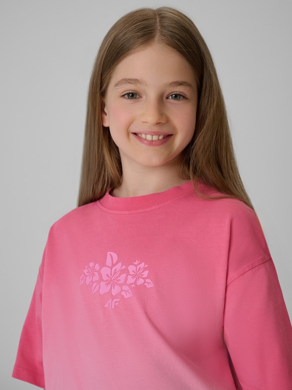 Dziewczęcy t-shirt z nadrukiem 4F 4FJRSS26TTSHF4186 - różowy