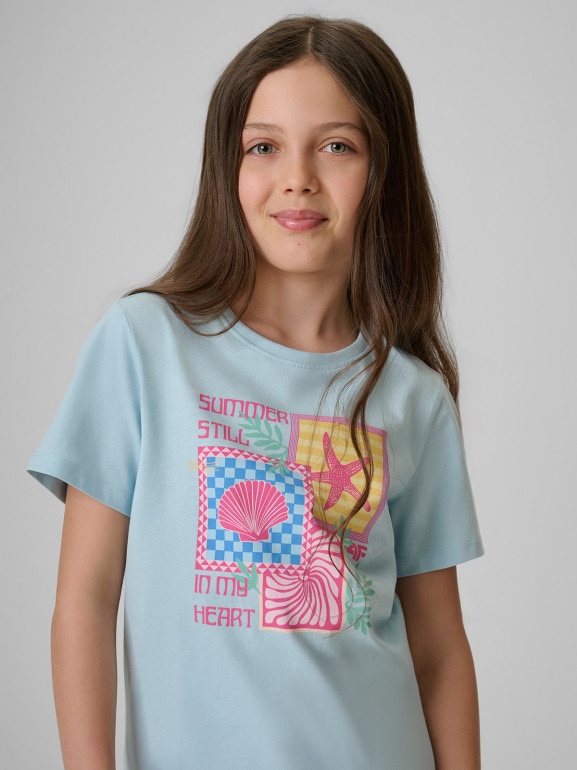 Dziewczęcy t-shirt z nadrukiem 4F 4FJRSS26TTSHF4418 - niebieski