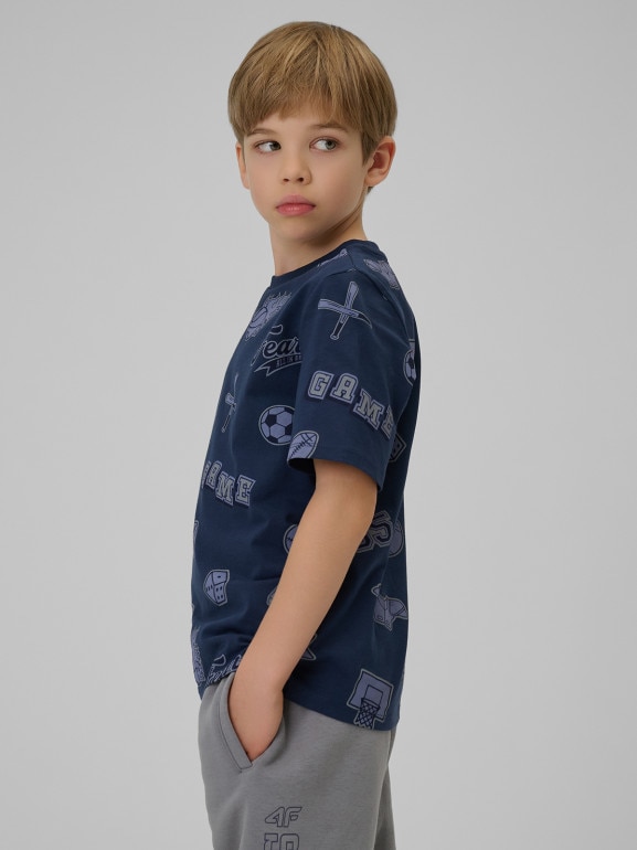 Chłopięcy t-shirt z nadrukiem 4F 4FJRSS26TTSHM3466 - granatowy