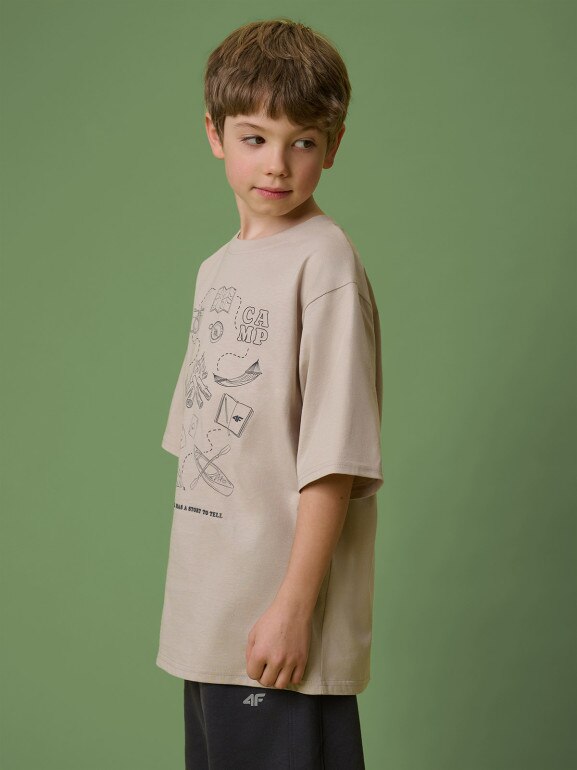 Chłopięcy t-shirt z nadrukiem 4F 4FJRSS26TTSHM3697 - beżowy