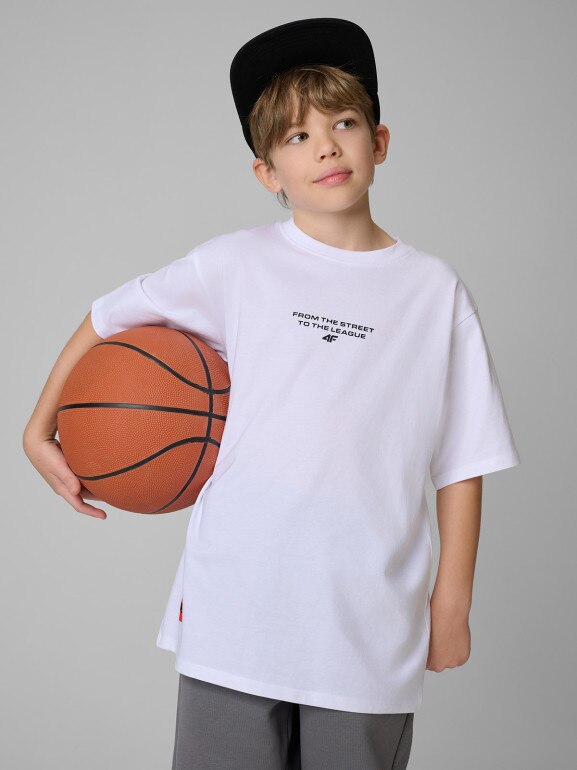 Chłopięca koszulka z nadrukiem 4F 4FJRSS26TTSHM3835 - biała