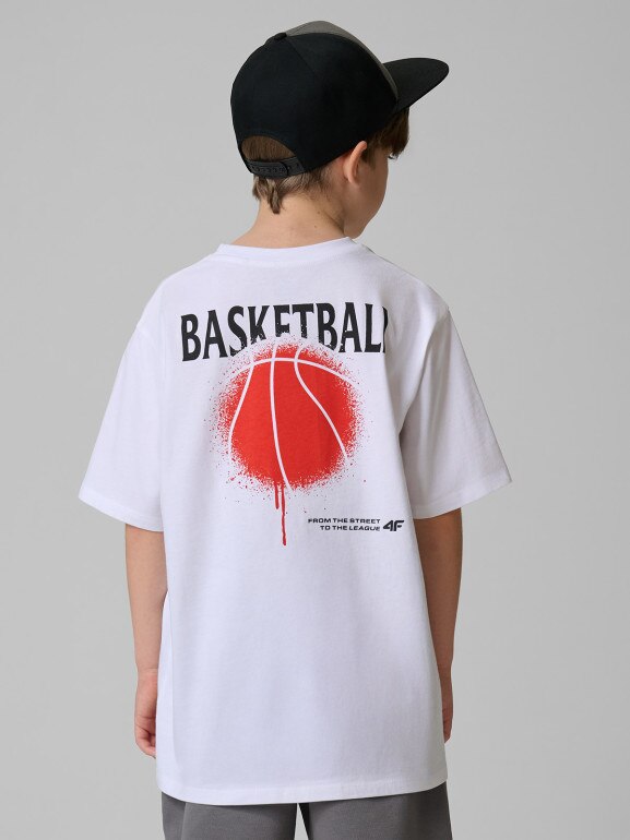 Chłopięca koszulka z nadrukiem 4F 4FJRSS26TTSHM3835 - biała