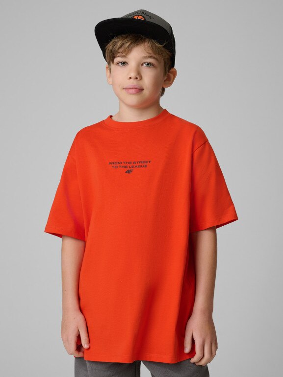 Chłopięca koszulka z nadrukiem 4F 4FJRSS26TTSHM3835 - pomarańczowa