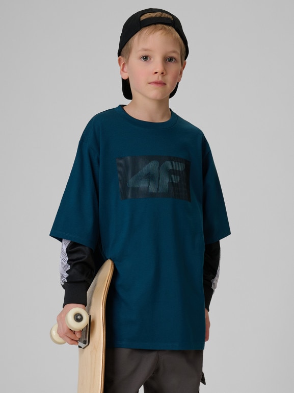 Chłopięcy t-shirt z nadrukiem 4F 4FJRSS26TTSHM3860 - granatowy
