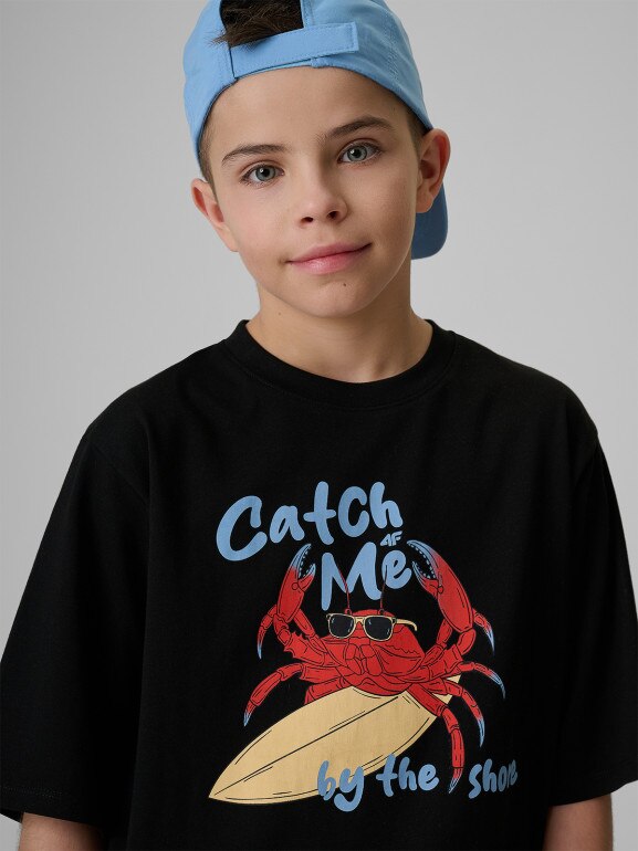 Chłopięcy t-shirt z nadrukiem 4F 4FJRSS26TTSHM3903 - czarny