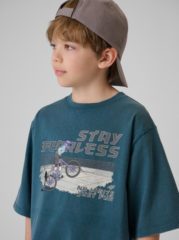 Chłopięcy t-shirt z nadrukiem 4F 4FJRSS26TTSHM4279 - turkusowy