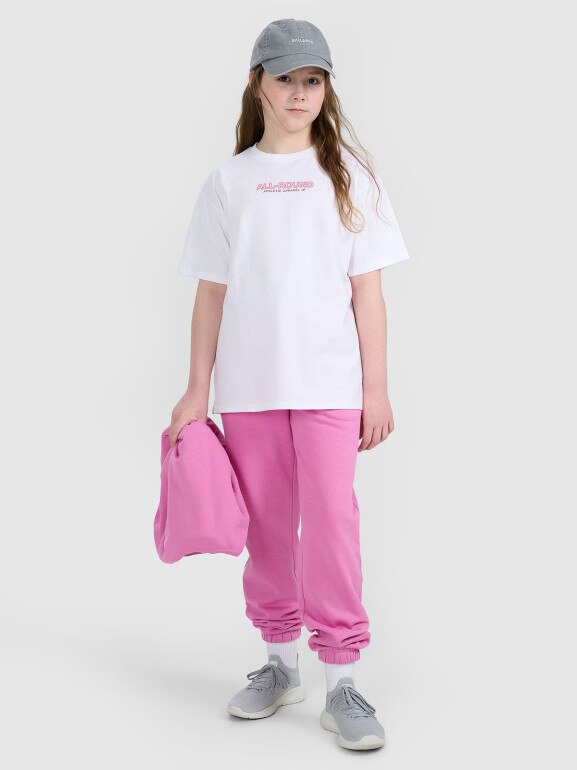 Dziewczęcy t-shirt z nadrukiem oversize 4F 4FJWAW25TTSHF2387 - biały