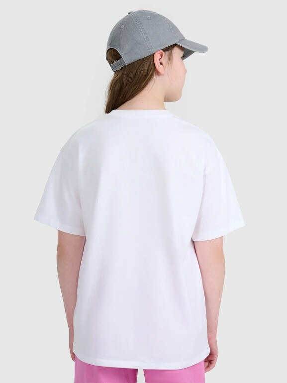 Dziewczęcy t-shirt z nadrukiem oversize 4F 4FJWAW25TTSHF2387 - biały